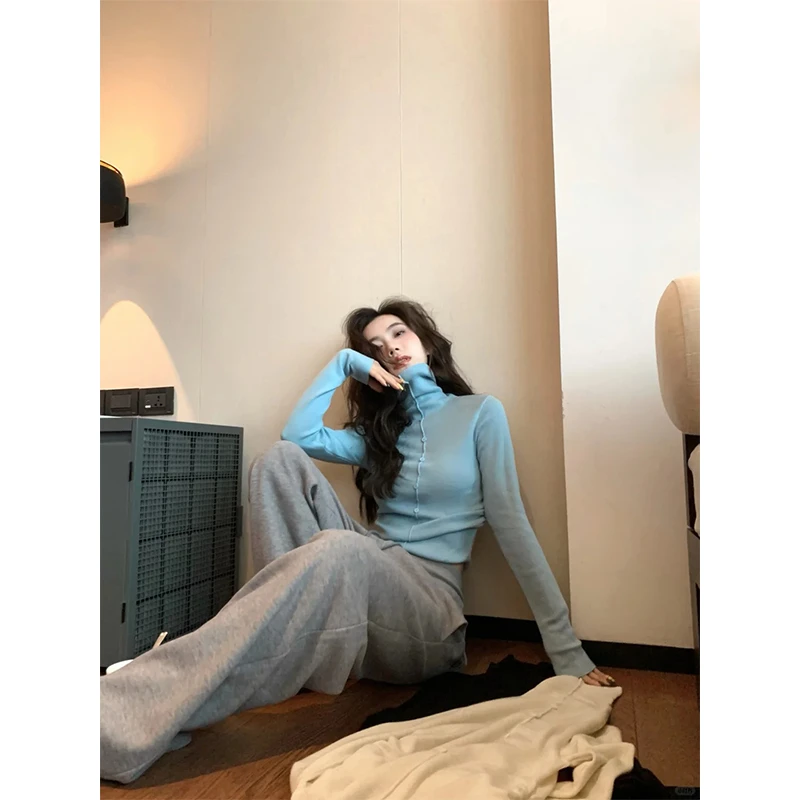 2024冬季新款轻熟风通勤小众显瘦百搭长袖针织衫高腰垂感休闲长裤