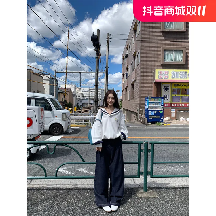 【广岛少女】海军领学院风长袖套头百搭卫衣高腰垂感休闲宽松阔腿裤