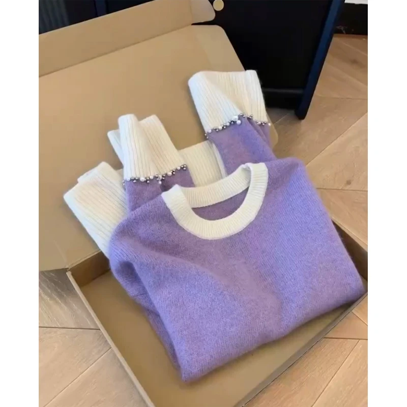 2024冬季新款高级感时尚拼接撞色软糯舒适长袖针织衫显瘦百搭上衣