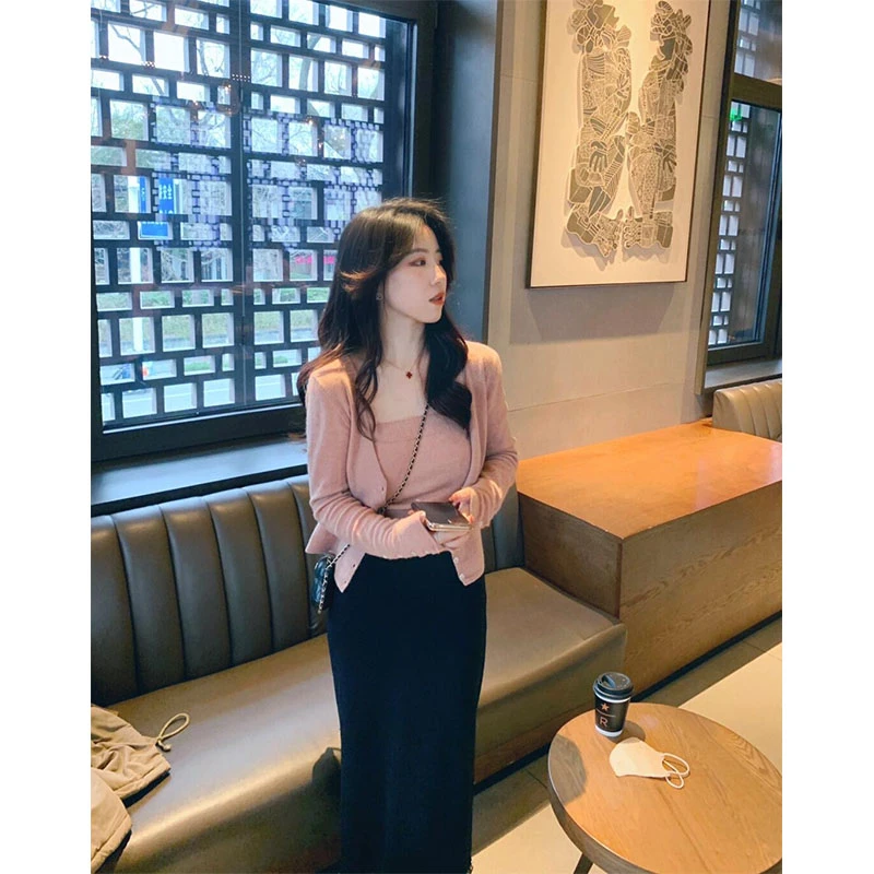 早秋新款轻熟风简约时尚长袖针织开衫上衣吊带内搭背心包臀长裙女