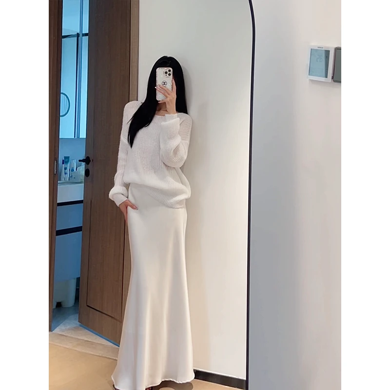 2025秋季新款纯欲风简约时尚百搭针织长袖上衣高腰显瘦鱼尾长裙女