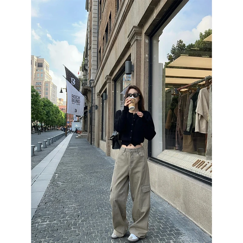 轻熟风性感露腰百搭黑色长袖针织开衫上衣高腰垂感休闲宽松工装裤