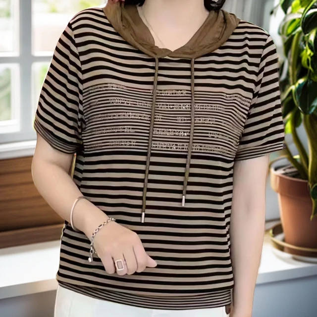 夏季新款时尚妈妈装休闲连帽条纹烫钻宽松百搭短袖减龄显瘦洋气