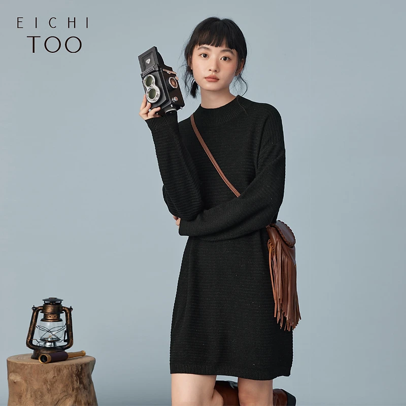 A爱居兔软糯舒适时尚百搭黑色长袖针织衫连衣裙EQLSJ4N008A
