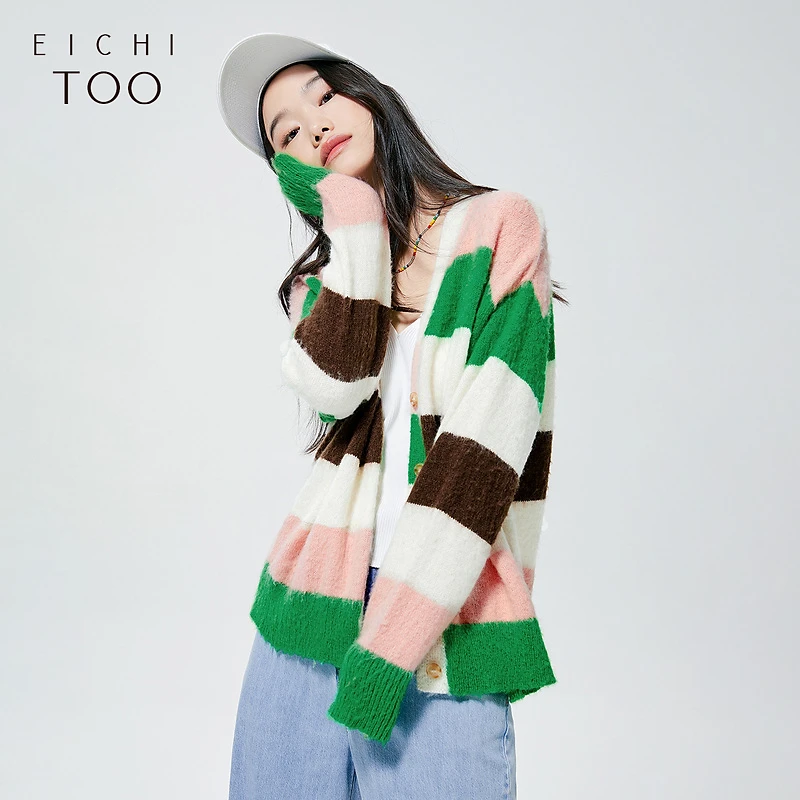 A004爱居兔女装撞色条纹V领针织开衫街头休闲外套EWZSJ3M014A