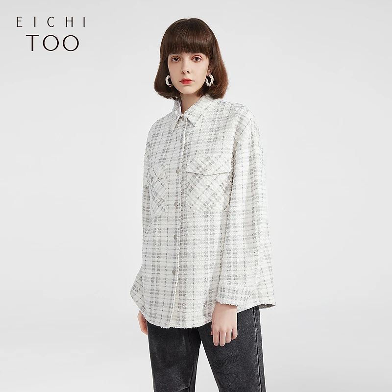 A爱居兔夹克女复古格纹宽松时尚穿搭翻领夹克外套女EWJAJ1M004A