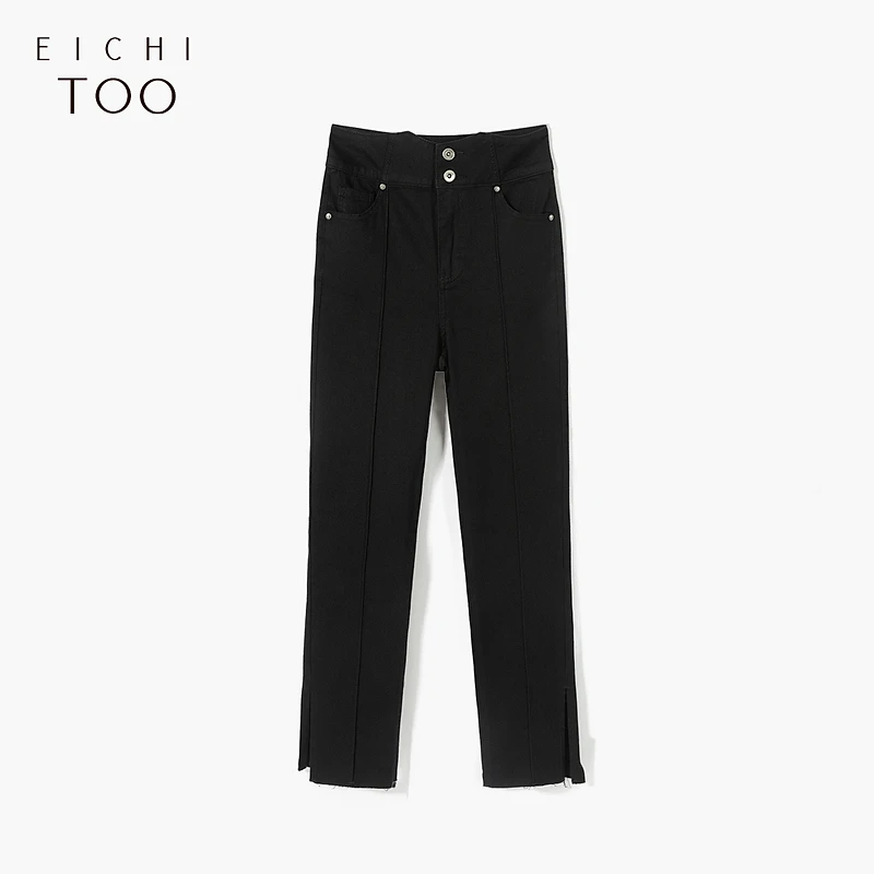 A爱居兔女装修身开衩毛边脚口高腰黑色小脚牛仔裤EKNAJ3M010A