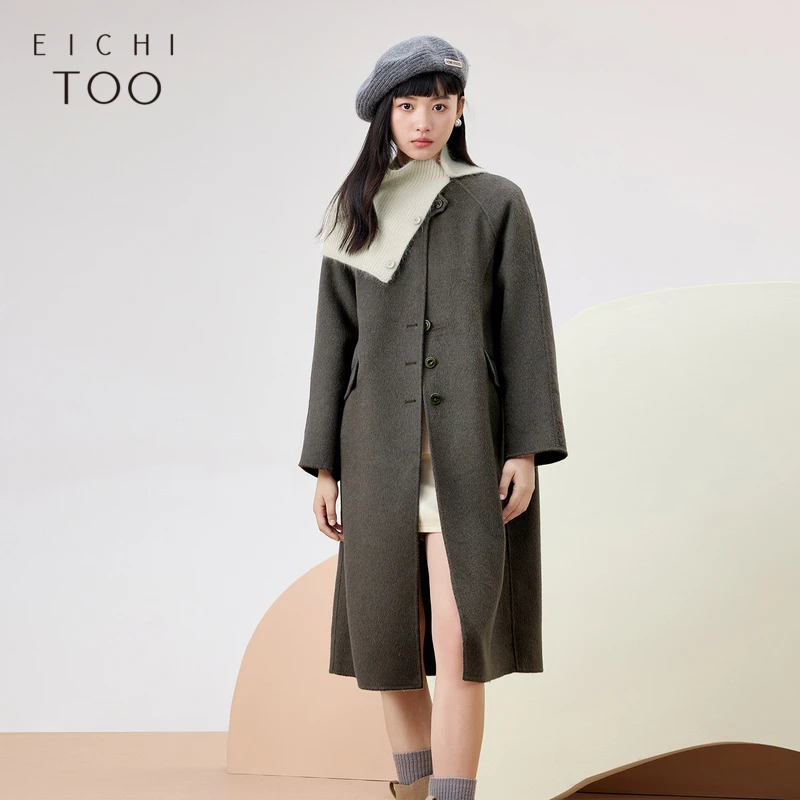 A爱居兔冬季新款高级灰带围脖双面呢大衣EWDSJ4P008A