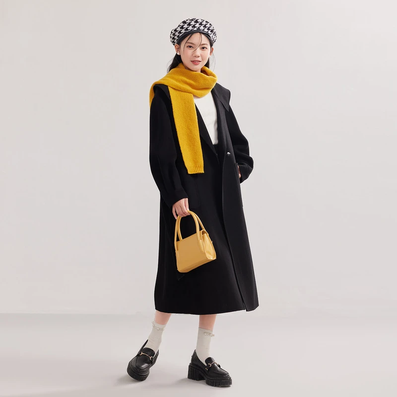 X爱居兔冬女装大翻领纯色通勤中长款双面呢大衣EWDSJ4M009A