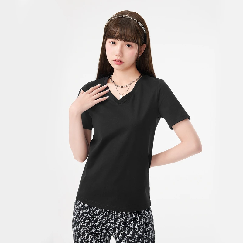 【重百优选】爱居兔女装百搭V领纯色休闲长绒棉短袖T恤ENTBJ2N095A