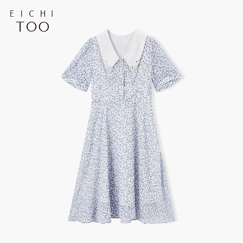 A爱居兔夏季浅紫色印花时尚短袖连衣裙EQLBJ2N107A