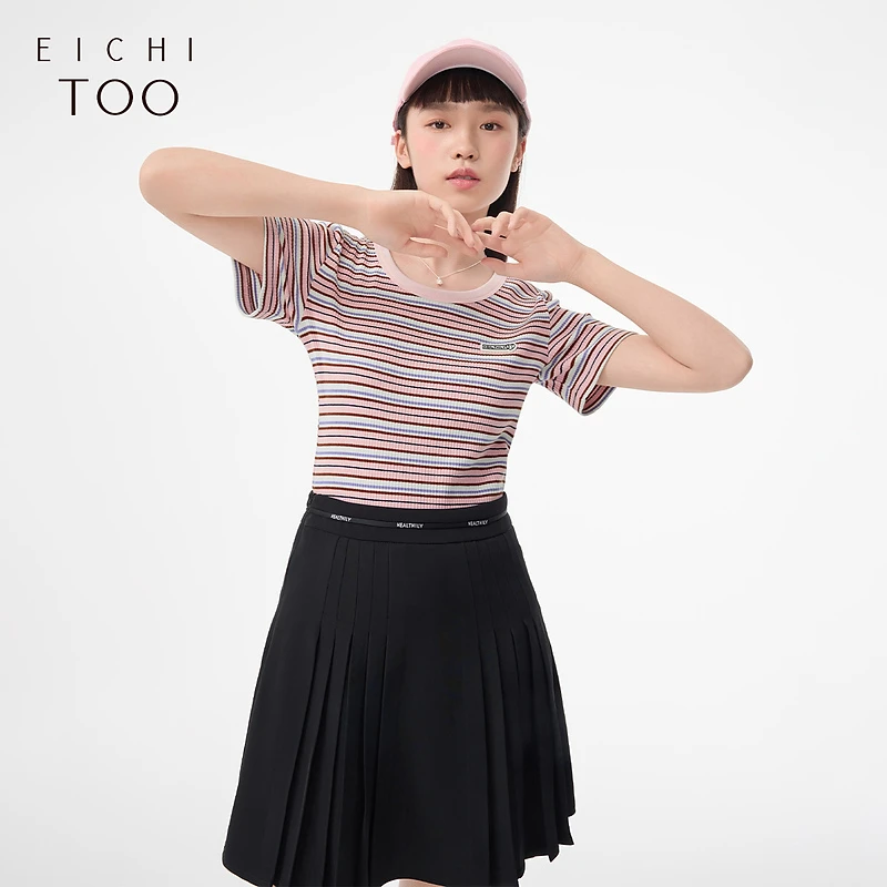 A爱居兔女装运动休闲少女感条纹时尚短袖T恤圆领ENTBJ2N062A