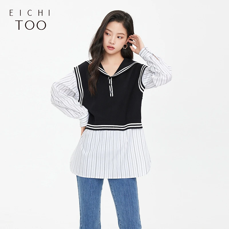 A爱居兔女装翻领黑白撞色拼接假两件长袖针织衫ENSAJ3M010A