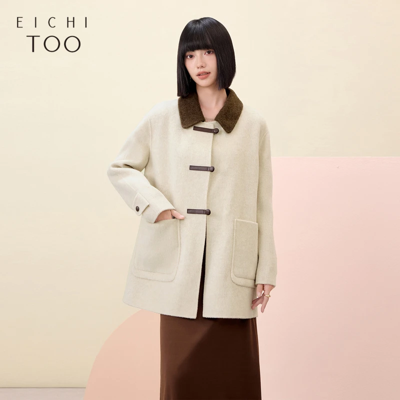 A爱居兔冬季新款经典撞色翻领宽松全羊毛双面呢大衣EWDSJ4P024A