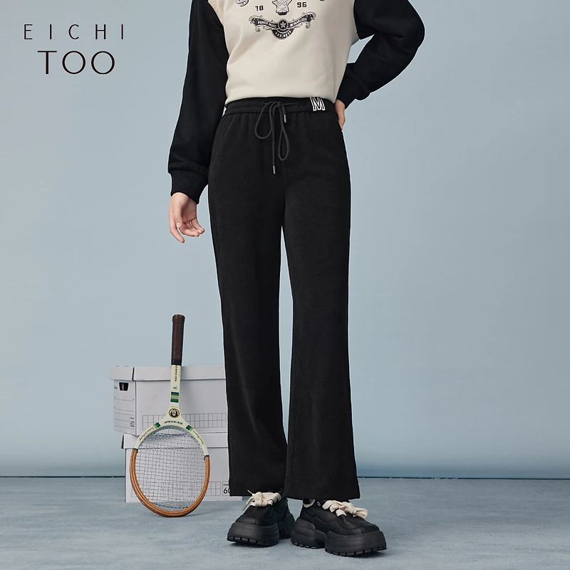 A爱居兔冬季经典黑色灯芯绒阔腿裤休闲裤EKKTJ4N001A