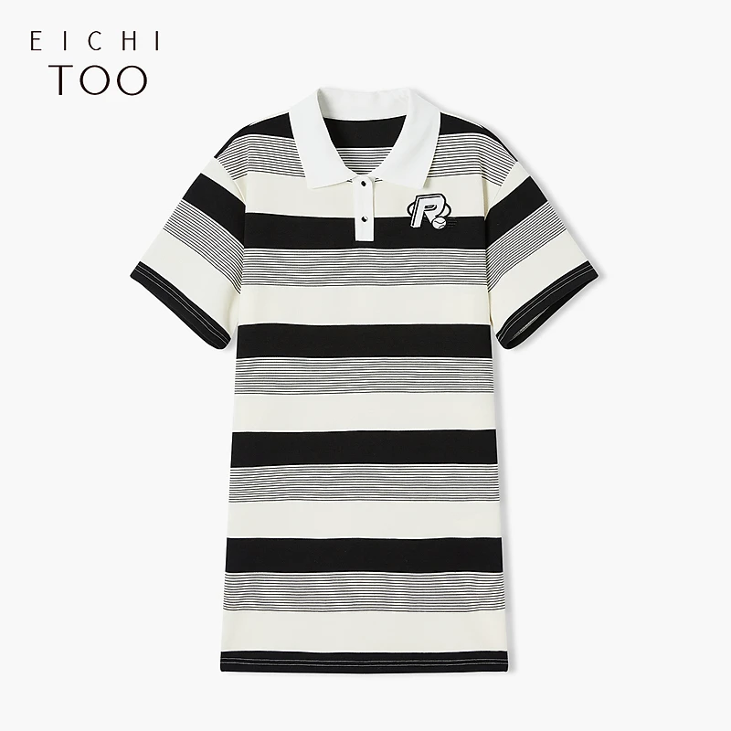 A爱居兔夏季经典黑白条纹POLO领短款连衣裙EQLBJ2N029A