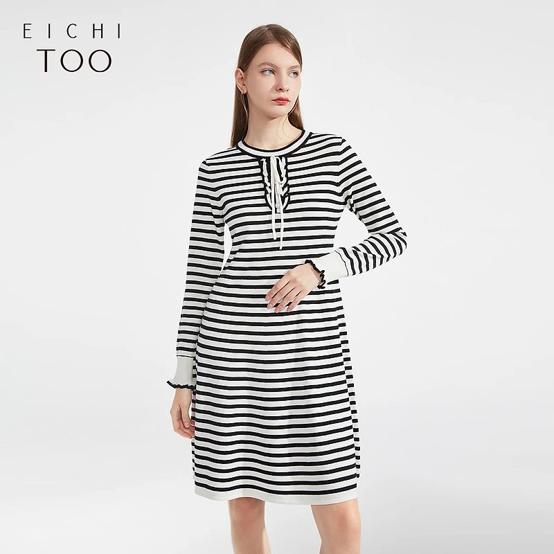 A爱居兔针织连衣裙女弹力面料条纹撞色针织衫连衣裙EQLSJ1M001A