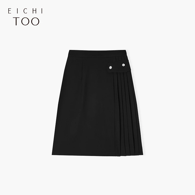 A爱居兔侧边压褶高腰显瘦黑色百褶裙半身裙EQDDJ1P020A