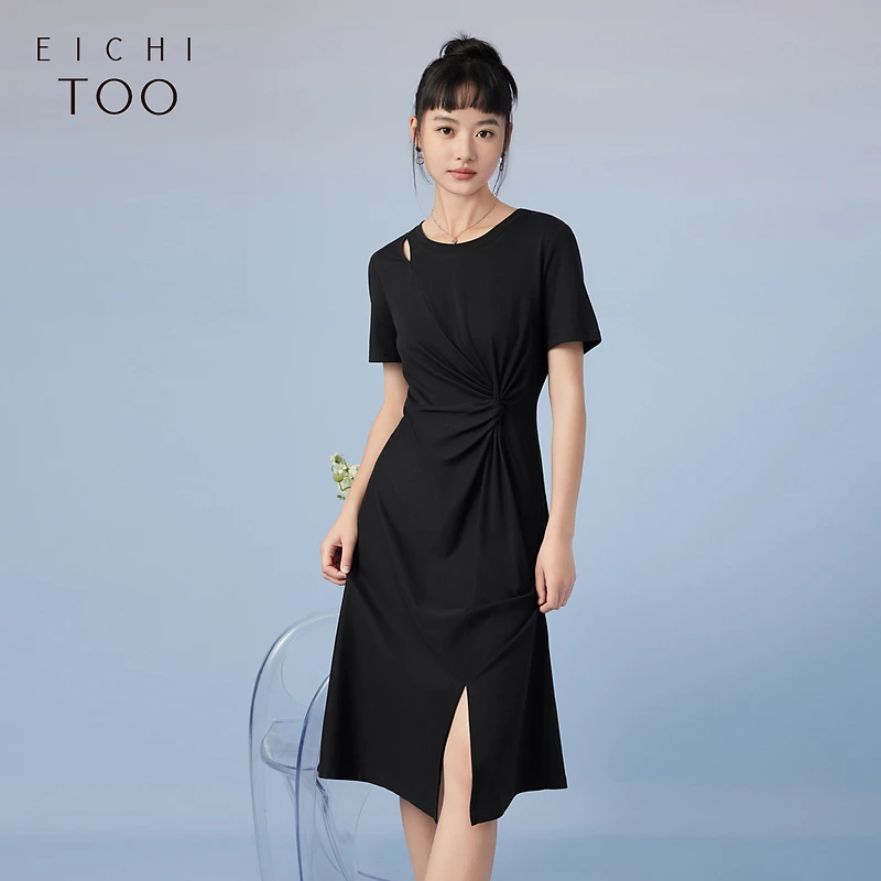 【重百优选】爱居兔夏季气质纯黑色修身显瘦短袖连衣裙EQLBJ2N096A