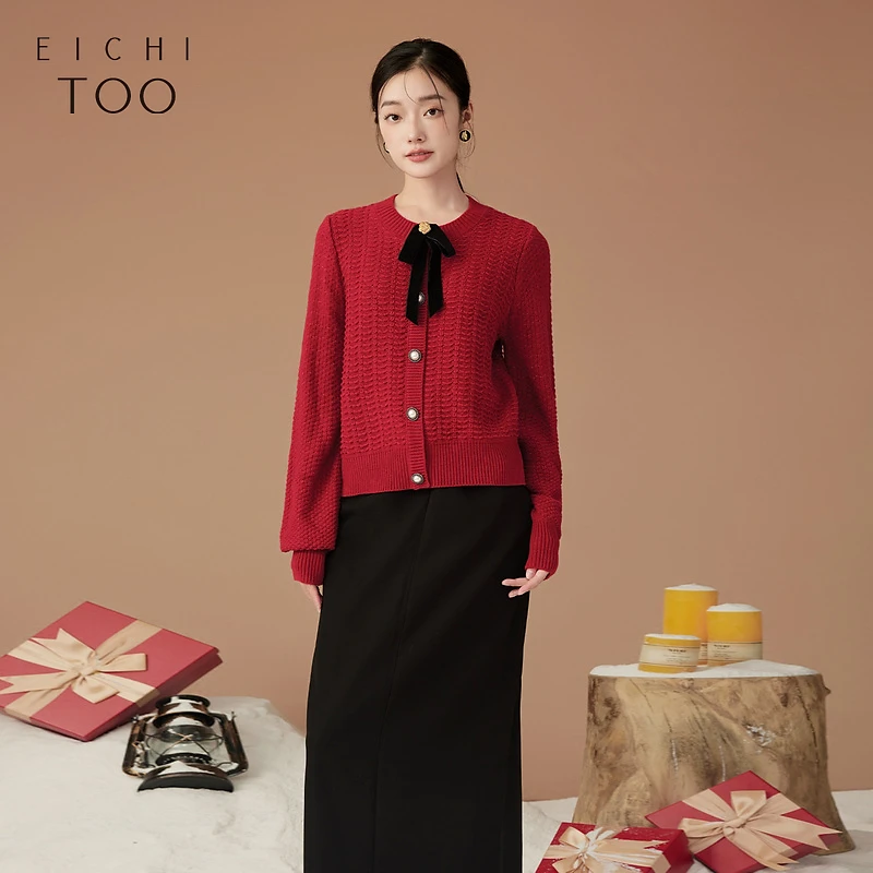 A爱居兔花呢质感时尚蝴蝶结氛围感针织衫ENZAJ4N029A