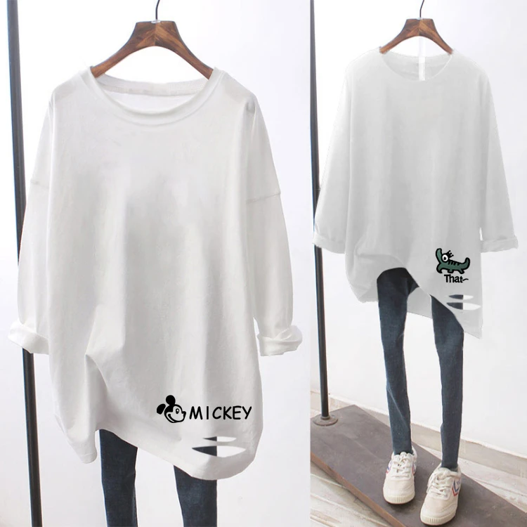 纯棉中长款T恤女上衣春秋韩版新款破洞百搭印花长袖t恤打底衫女潮