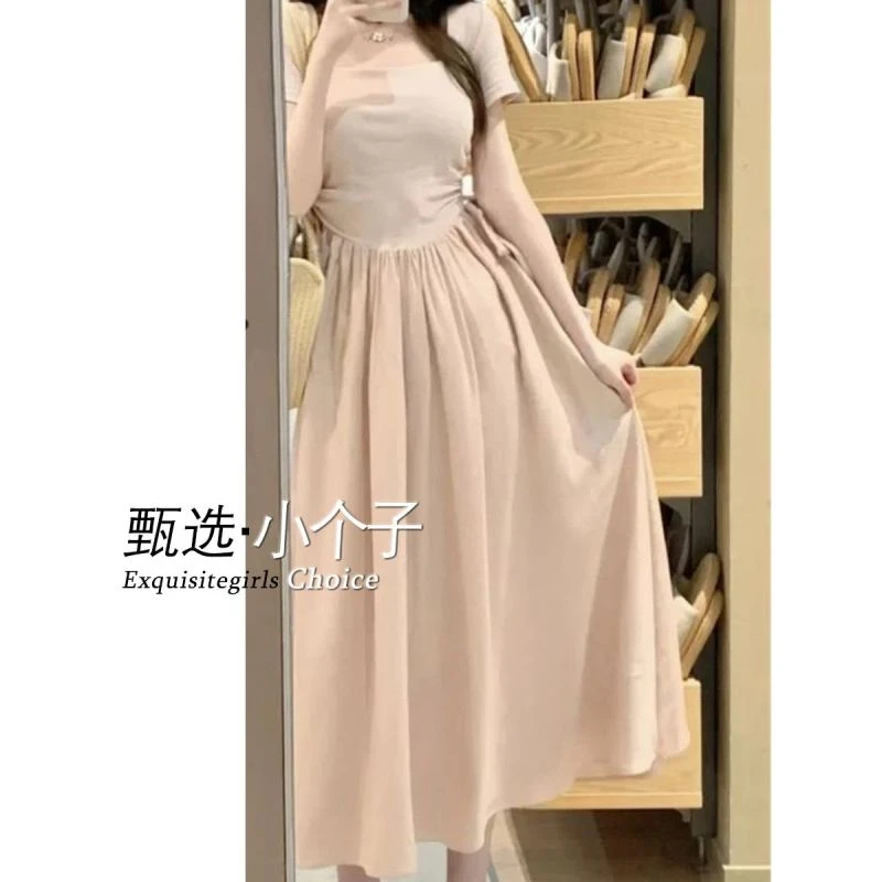 xs显高夏季收腰a字拼接中长款150小矮个子法式温柔风方领连衣裙女