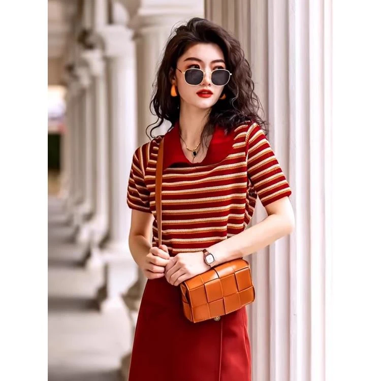 polo领上衣女小众别致独特设计高级感2024夏季正肩条纹短袖t恤女