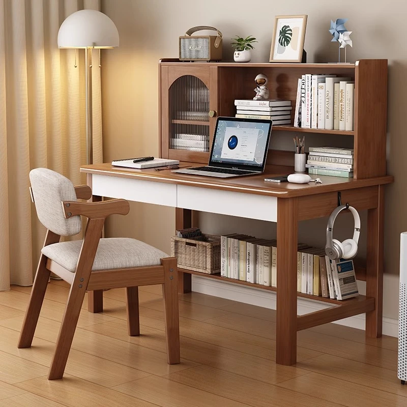 实木书桌书架组合家用电脑桌书柜一体卧室儿童学习桌写字桌简易