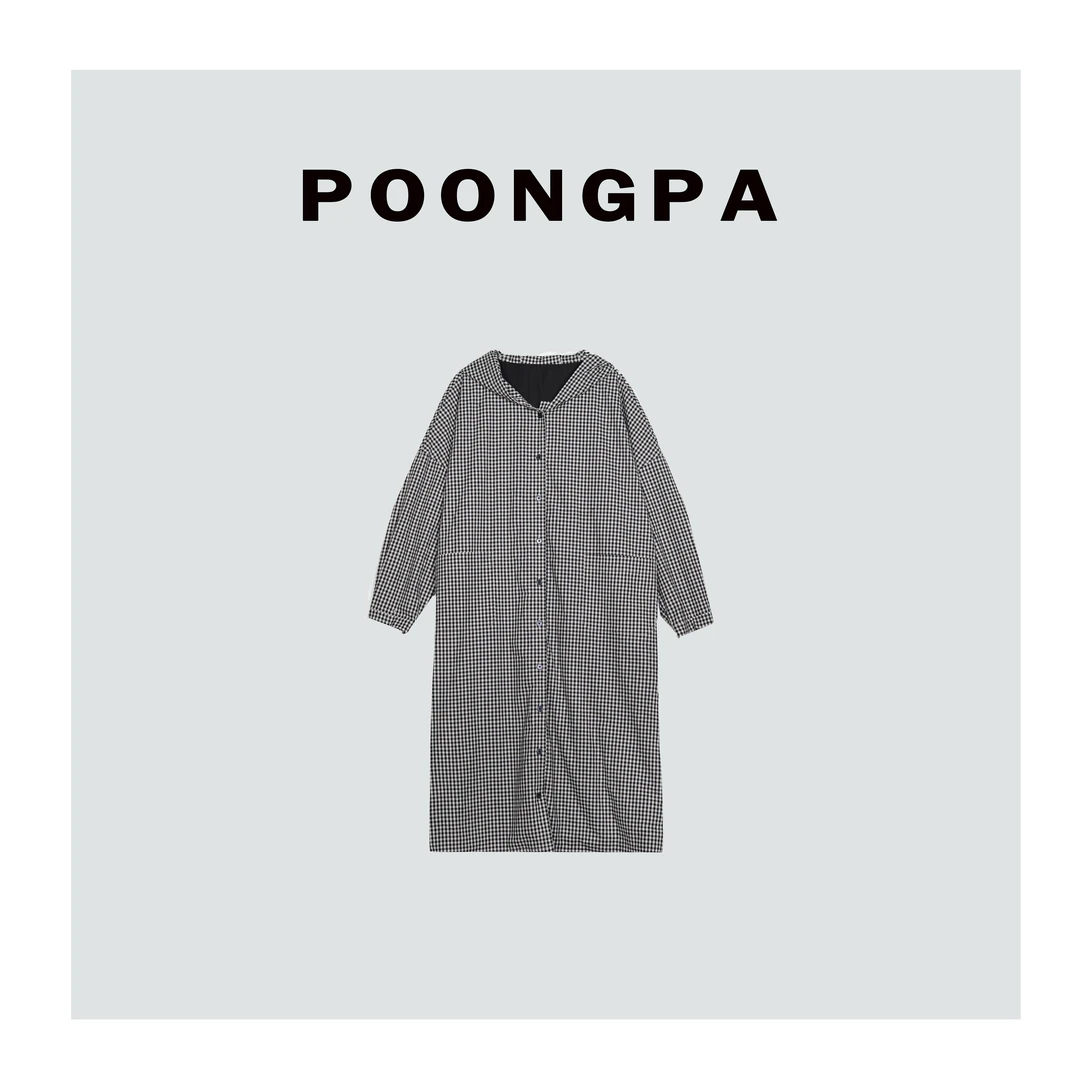 POONGPA/“牧羊格纹”复古经典格纹风衣棉外套/小众设计中大码显瘦