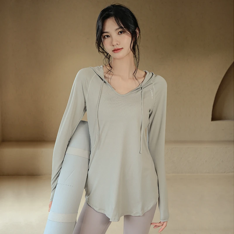 新款休闲宽松显瘦运动上衣女大码瑜伽服卫衣连帽健身上衣长袖秋冬