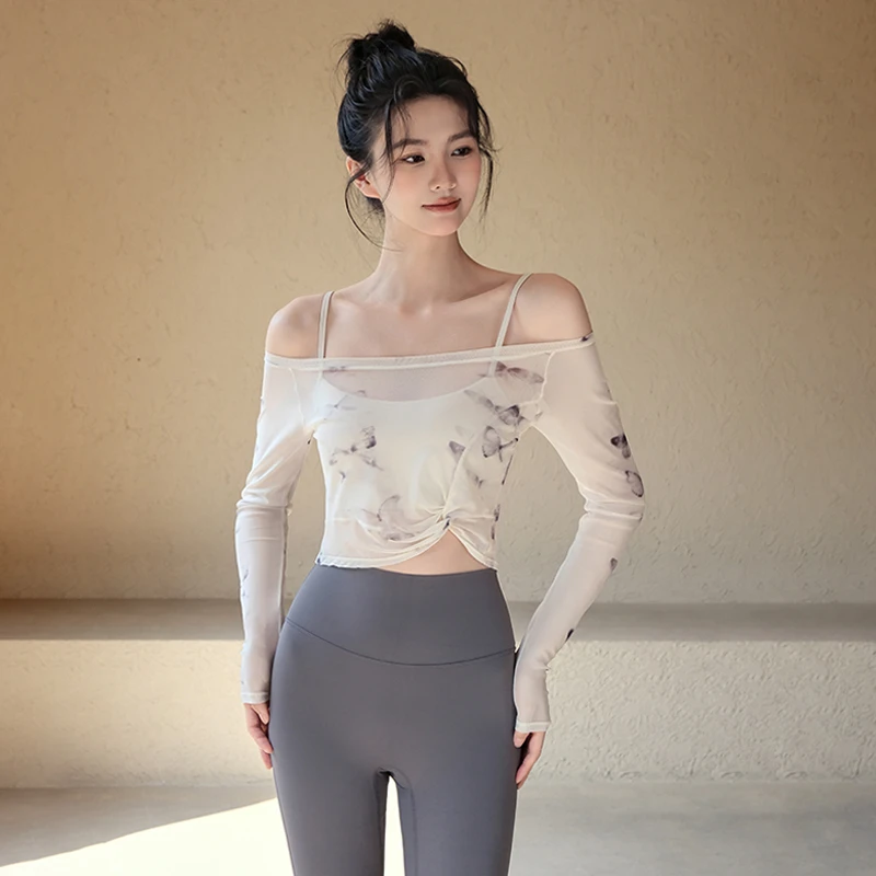 瑜伽服运动上衣女初秋穿搭假两件长袖套装带胸垫普拉提训练健身服