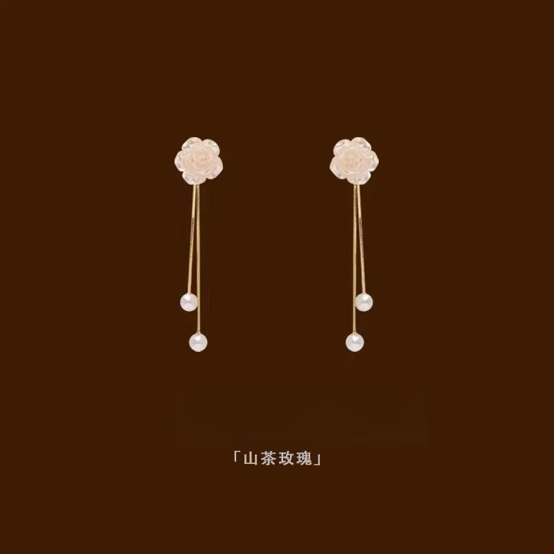 合金仿珍珠耳饰 「山茶玫瑰」珠珠山茶花小清新流苏轻奢高级耳环新