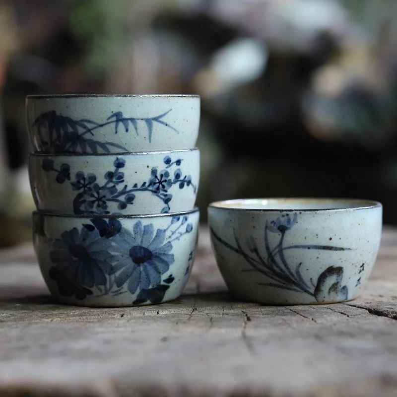 亦紫陶茶具茶碗粗陶茶杯手工手绘茶盏普洱杯青花品茗小缸杯马蹄杯