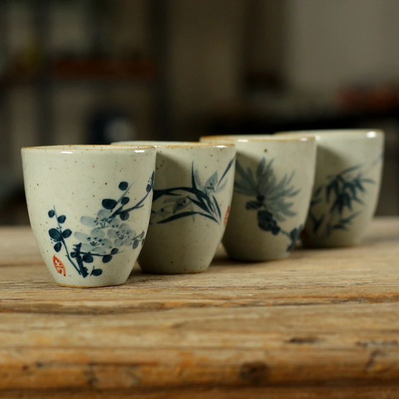 亦紫陶功夫茶具 粗陶茶杯品茗杯 手工手绘茶盏 古陶四君子聚香杯