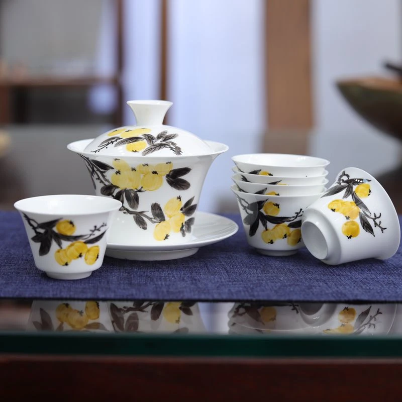 九希堂骨瓷手绘三才杯盖碗薄胎潮汕功夫茶小茶碗泡茶器白瓷釉下彩