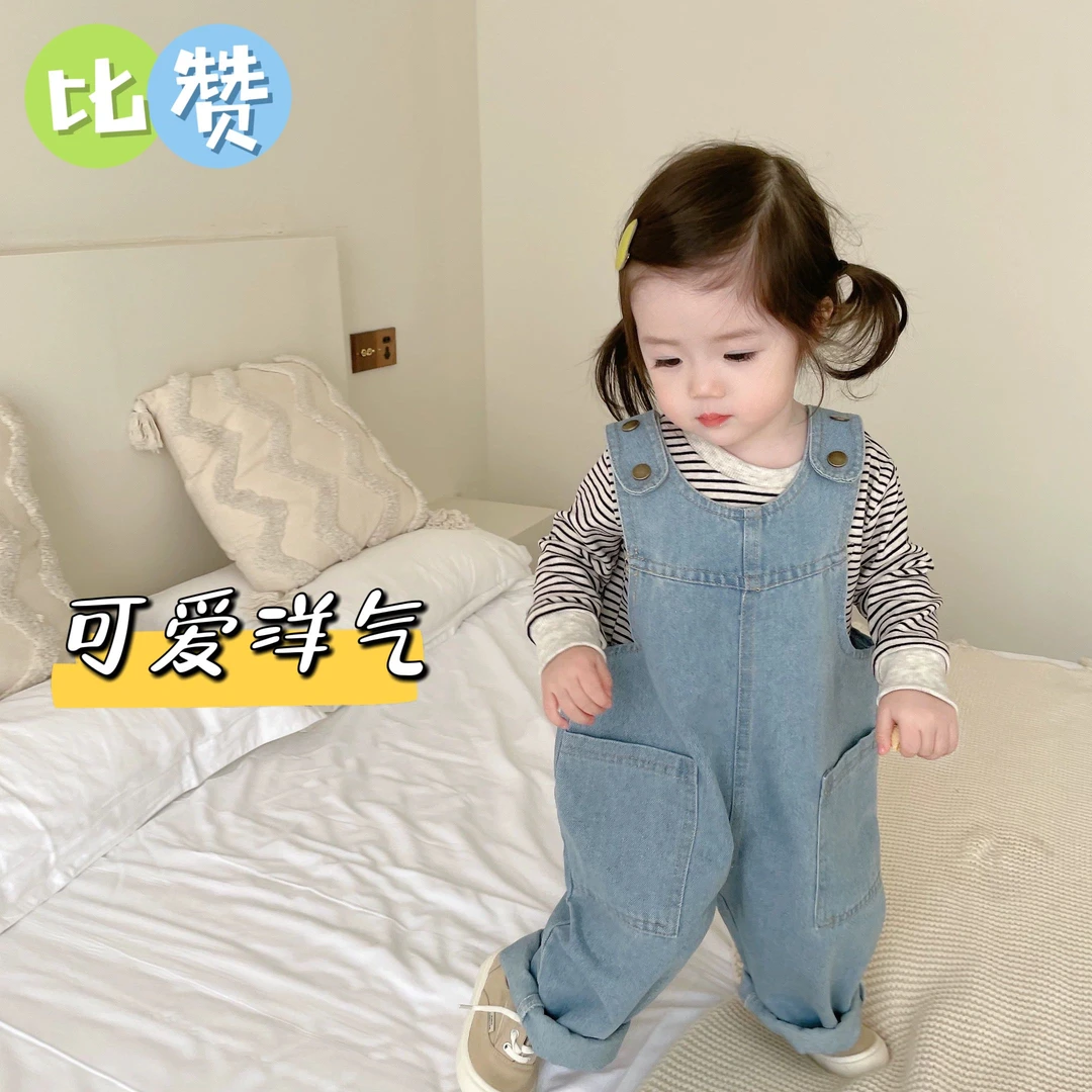 宝宝小童牛仔背带裤韩版儿童春秋季新款男女童复古百搭洋气连体裤