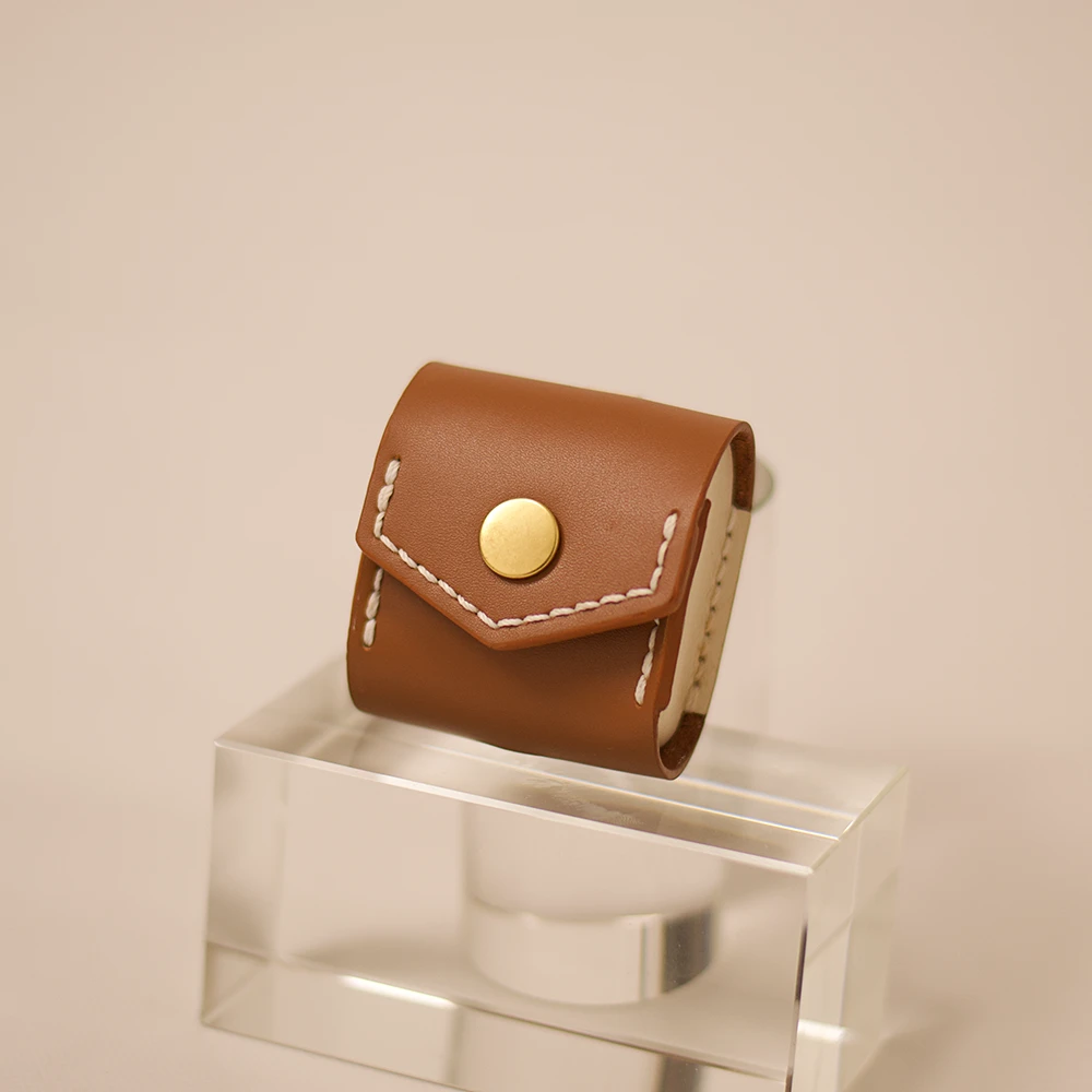 纯手工制作真皮拼色耳机包复古焦糖棕卡布奇诺白复古简约功能匠心