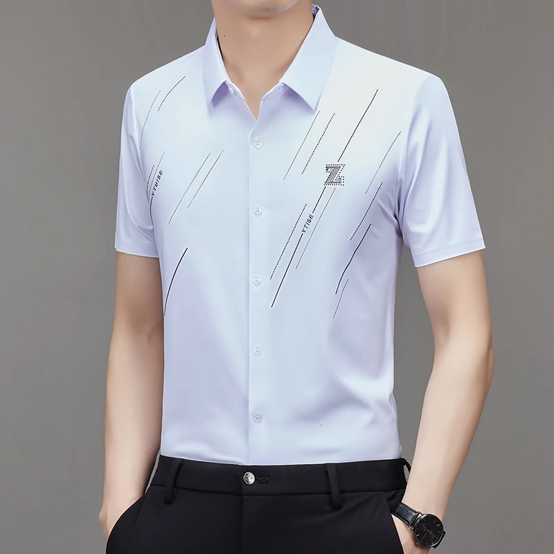 2024新款男士夏季短袖冰丝衬衫薄款上衣宽松商务宽松衬衣修身男装