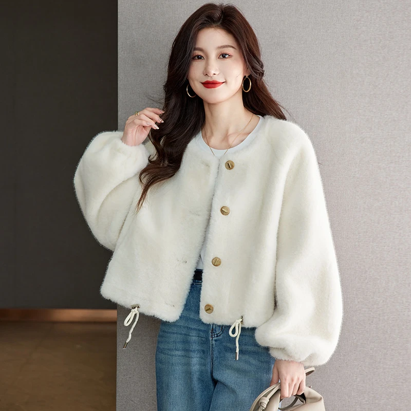 24冬季上新时尚气质毛毛外套小个子洋气宽松加厚灯笼袖女士短外套