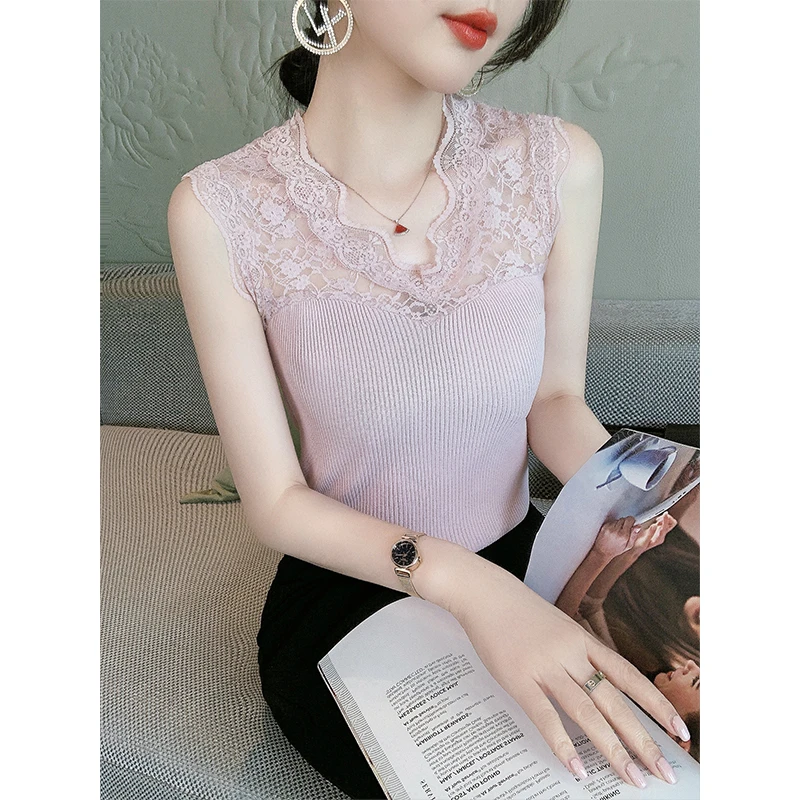 针织衫薄款无袖小背心女夏外穿内搭修身显瘦蕾丝v领上衣女装S0091