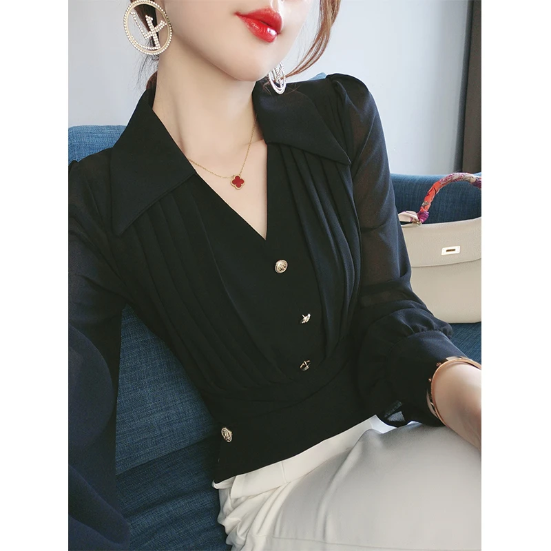 黑色v领雪纺衬衫女设计感小众别致漂亮小衫2023新款气质修身衬衣