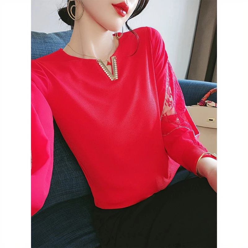 半高圆领长袖打底衫女秋冬2023年新款蕾丝拼接高级感内搭气质上衣