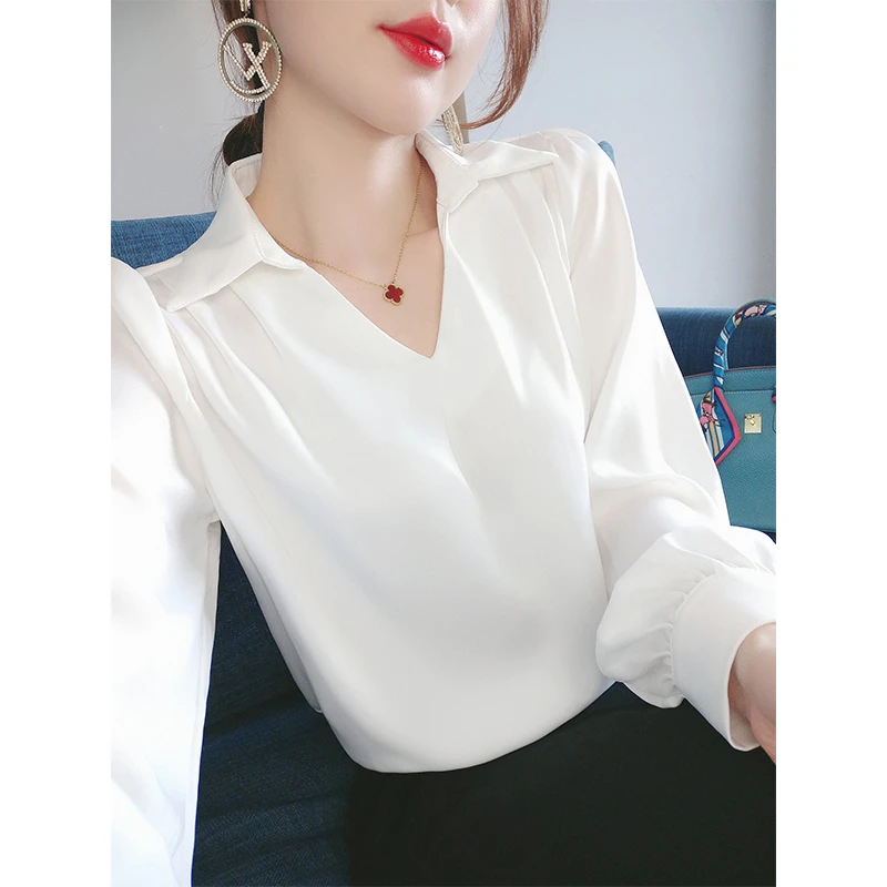 气质雪纺白衬衫女秋装2023年新款休闲宽松通勤女装泡泡袖别致上衣