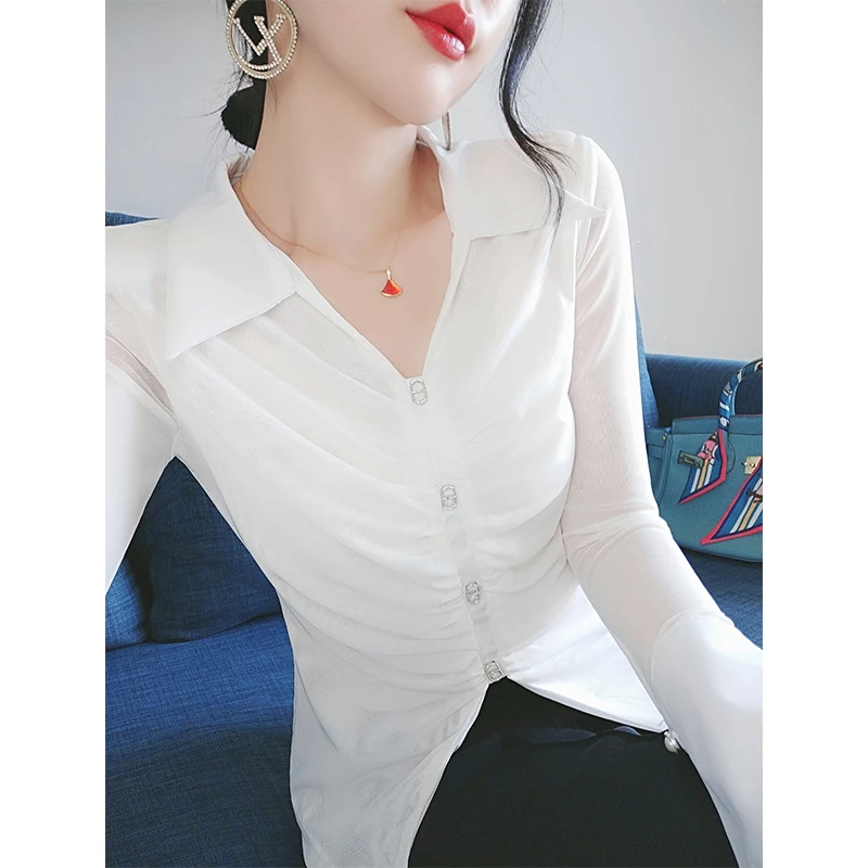 白色褶皱v领长袖t恤女2023年新款春秋打底衫内搭法式小衫辣妹上衣