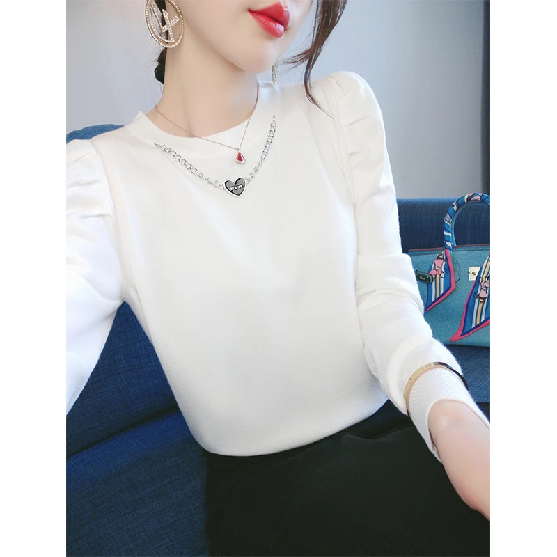白色针织打底衫女秋装2023新款休闲宽松百搭高级感泡泡袖法式上衣