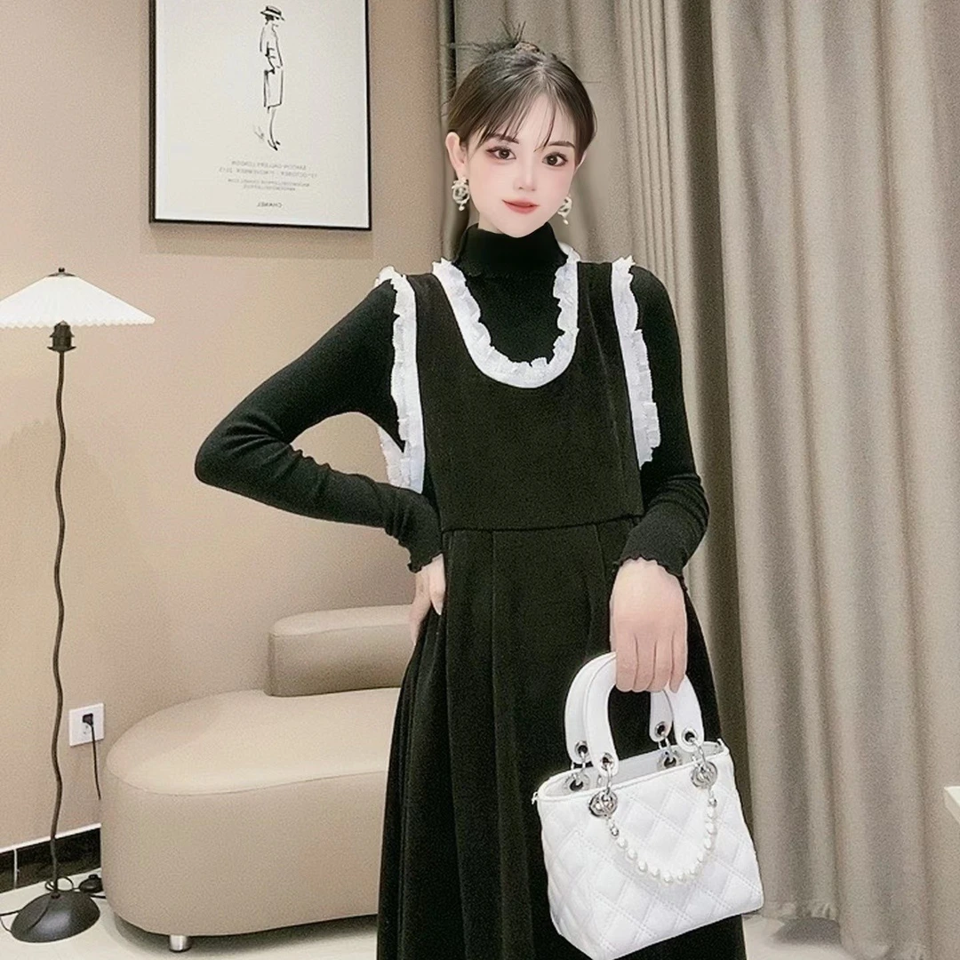 【特价】【茉莉雪松】孕妇秋冬时尚百搭木耳边黑白拼接宽松背心裙