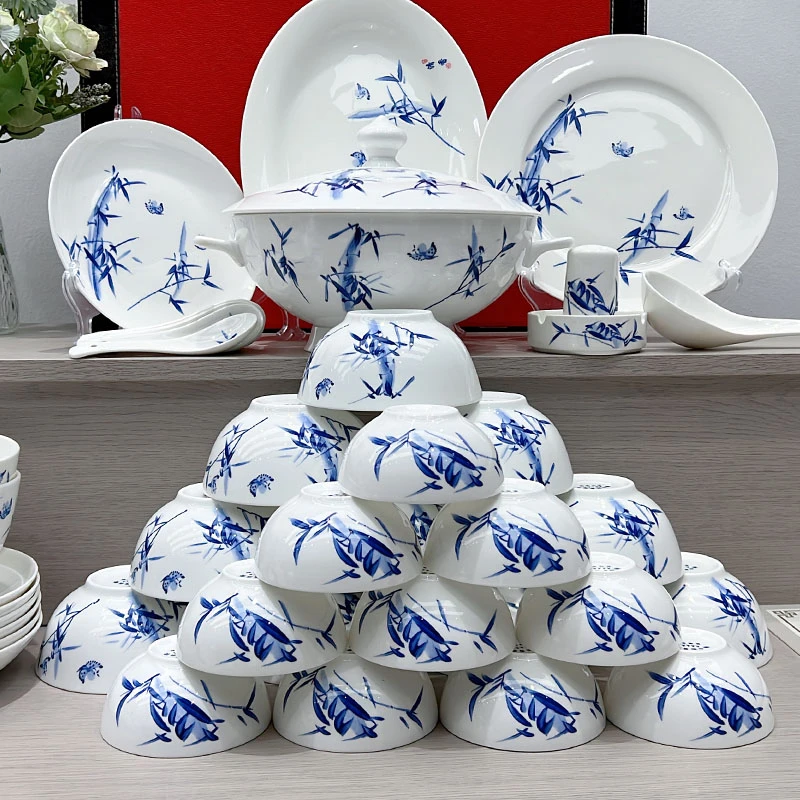 【青花竹报平安餐具套装】景德镇高档骨瓷餐具家用送人送礼