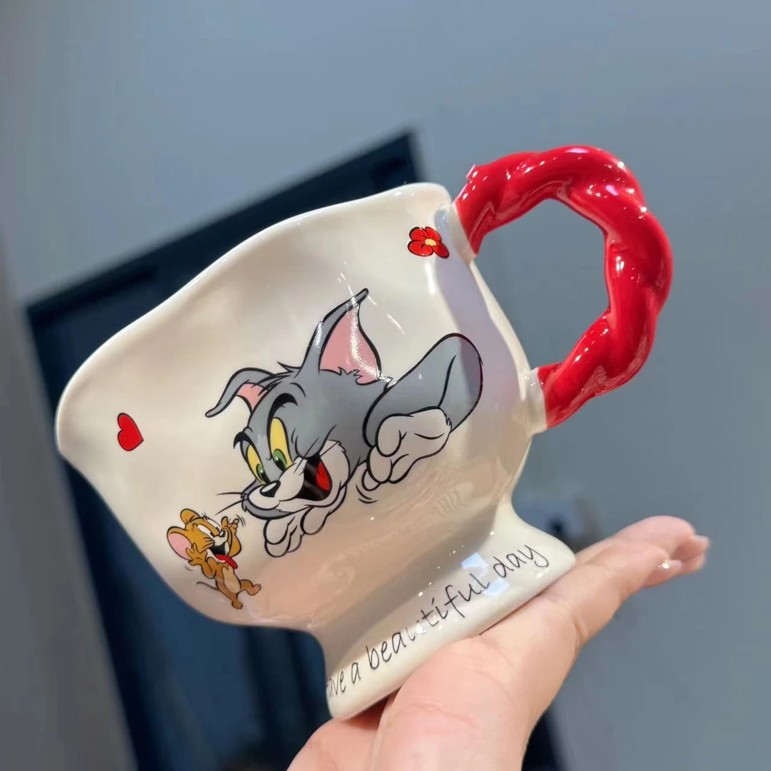 【圆和圈】出口尾单 猫和老鼠红色把手高脚杯 家用喝水杯咖啡杯
