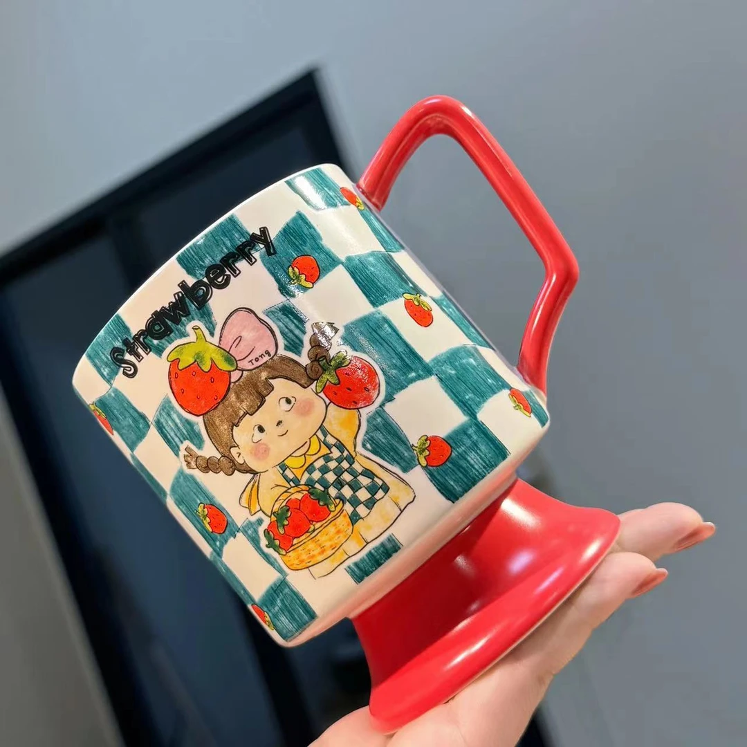 【圆和圈】品牌尾单 创意蓝色棋盘格草莓女孩高脚杯 轻奢小众水杯