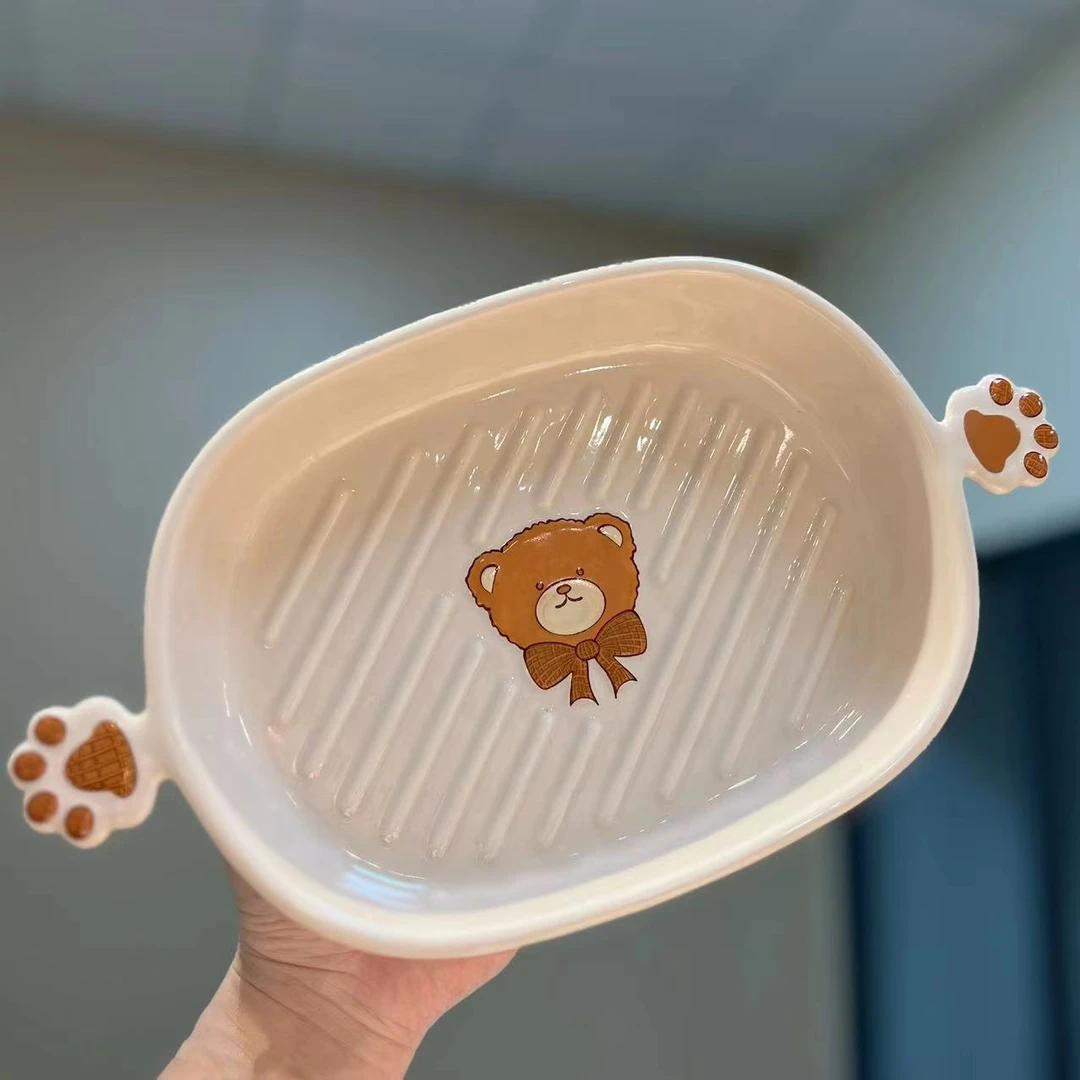 【圆和圈】出口尾单孤品 棕色可爱小熊椭圆形烤盘 带双耳 陶瓷深盘